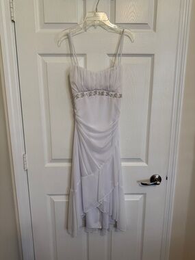 Ruby Rox Vintage White High-Low Spaghetti Strap Evening Dress with Beading